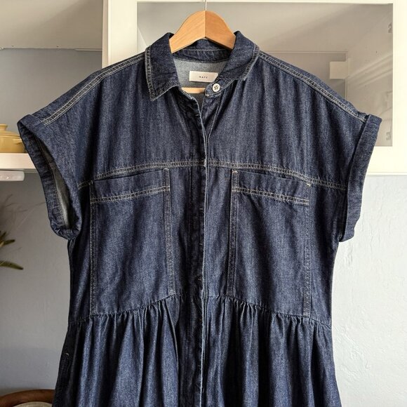 MAYE Harper Denim Midi Dress Indigo Blue Button-front - Picture 3 of 10